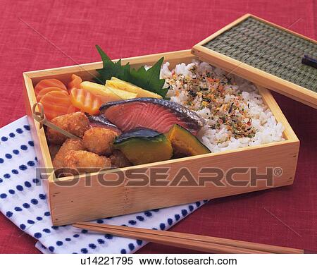Stock Photography - Lunch Box, Grilled Salmon, High Angle View. Fotosearch
