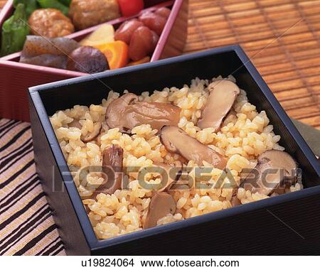 Picture - Lunch Box, Matsutake Mushroom Rice, Close Up. Fotosearch