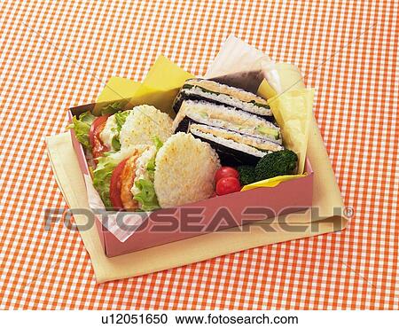 Lunch Box, Rice Burger, High Angle View View Large Photo Image Stock Image - Lunch Box, Rice Burger, High Angle View. Fotosearch