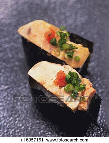 Stock Image - Ankimo, hand shaped sushi. Fotosearch