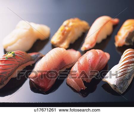 Stock Image - Assorted sushi. Fotosearch