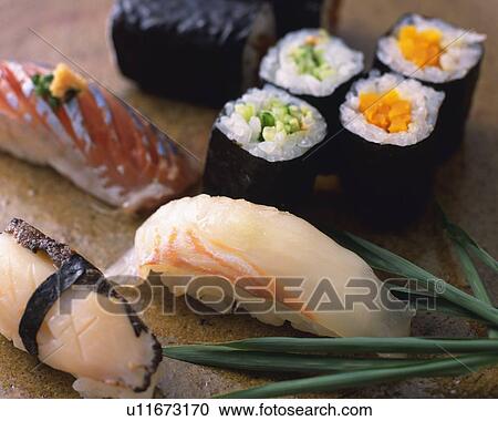 Stock Image - Assorted sushi, sushi roll. Fotosearch