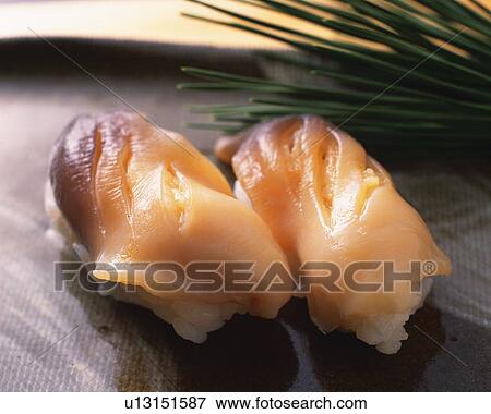 Hokkigai, hand shaped sushi View Large Photo Image Stock Photo - Hokkigai, hand shaped sushi. Fotosearch