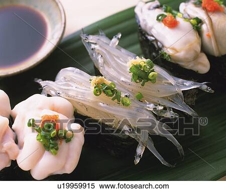Shirauo, Kaki, hand-shaped sushi View Large Photo Image Stock Photography - Shirauo, Kaki, hand-shaped sushi. Fotosearch