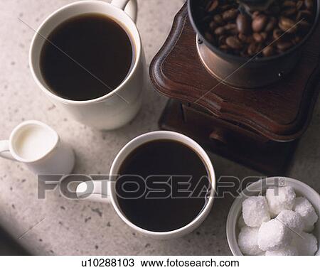 Stock Image - Brend Coffee and American Coffee, High Angle View, Full Frame. Fotosearch