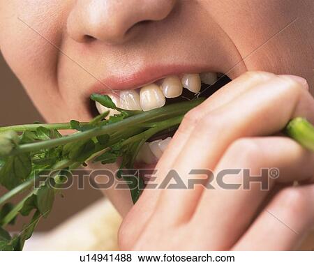 A Woman Eating Vegetable, Close Up, Side View View Large Photo Image Stock Photo - A Woman Eating Vegetable, Close Up, Side View. Fotosearch