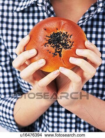 Picture - A Woman Holding Anpan, Front View, Close Up. Fotosearch