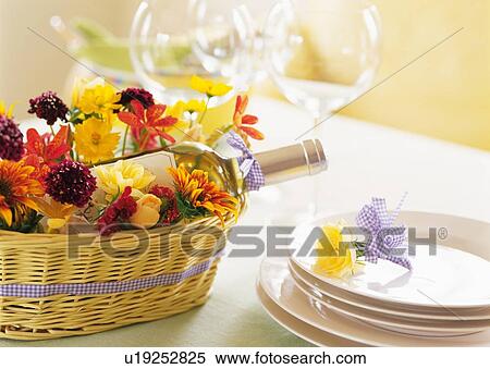 Stock Photography - White Wine in Flower Basket. Fotosearch