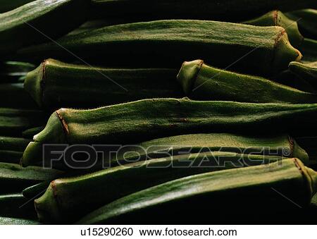 Stock Image - Close-Up, Lady's Finger, Large Group Of Objects, Produce, Uncut, Green. Fotosearch