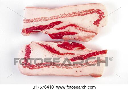 Stock Image - Food, Meat, Raw, Raw meat, Pork, Streaky bacon, Bacon. Fotosearch
