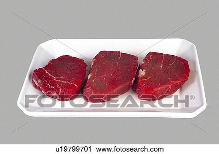 Stock Image - Supermarket, Food, Tray, Meat, Red meat, Sirloin steak, Sirloin steaks. Fotosearch
