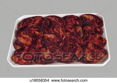 Picture - Supermarket, Food, Tray, Pork, Cold cut, Cold meat, Chorizo. Fotosearch