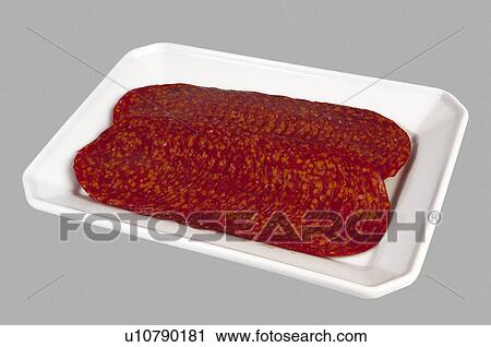 Stock Image - Supermarket, Food, Tray, Pork, Cold cut, Cold meat, Chorizo. Fotosearch