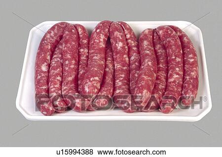 Stock Photo - Supermarket, Food, Tray, Pork, Sausage, Sausages, White sausage. Fotosearch