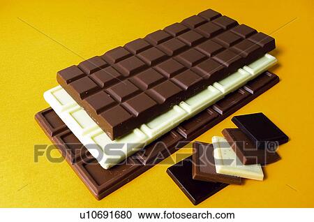 Stock Image - Chocolate, Chocolate bar, Three, Black chocolate, White chocolate, Chocolate square, Chocolate squares. Fotosearch