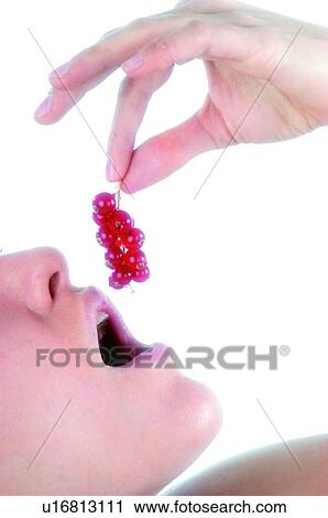 Woman, Brown hair, Beauty, White undershit, White, Red Currant Berry, Opening mouth View Large Photo Image Stock Image - Woman, Brown hair, Beauty, White undershit, White, Red Currant Berry, Opening mouth. Fotosearch