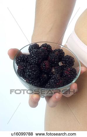 Stock Photo - Woman, Beauty, White undershit, Fruit, Mulberry, Bowl, Bust. Fotosearch