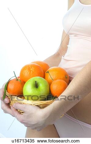 Stock Photography - Woman, Beauty, White undershit, Fruit, Basket, Apple, Orange. Fotosearch