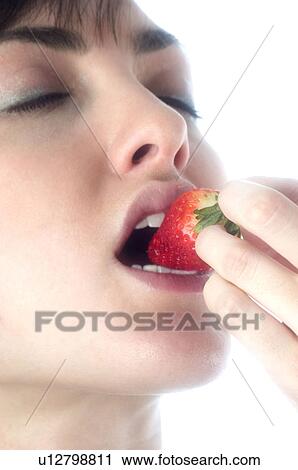 Woman, Brown Hair, Beauty, Eating, Fruit, Strawberry, Mouth View Large Photo Image Stock Image - Woman, Brown Hair, Beauty, Eating, Fruit, Strawberry, Mouth. Fotosearch