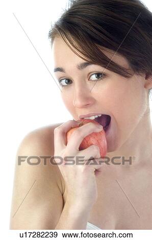 Woman, Beauty, Smiling, Fruit, Apple, Mouth, Face View Large Photo Image Stock Photo - Woman, Beauty, Smiling, Fruit, Apple, Mouth, Face. Fotosearch
