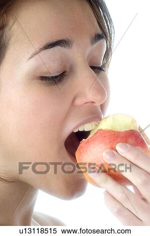 Woman, Beauty, Smiling, Fruit, Apple, Mouth, Face View Large Photo Image Stock Photography - Woman, Beauty, Smiling, Fruit, Apple, Mouth, Face. Fotosearch