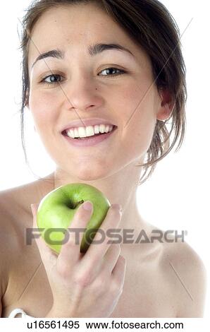 Woman, Beauty, Smiling, Fruit, Apple, Mouth, Face View Large Photo Image Stock Photography - Woman, Beauty, Smiling, Fruit, Apple, Mouth, Face. Fotosearch
