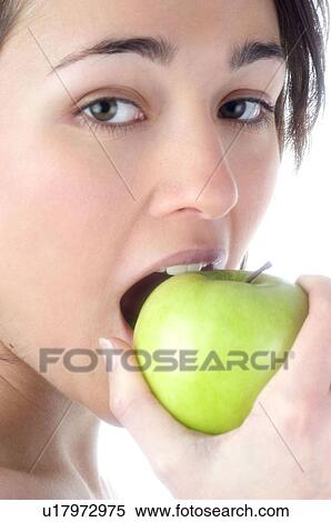 Woman, Beauty, Smiling, Fruit, Apple, Mouth, Face View Large Photo Image Stock Photography - Woman, Beauty, Smiling, Fruit, Apple, Mouth, Face. Fotosearch