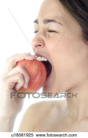 Stock Photography - Woman, Beauty, Smiling, Fruit, Apple, Mouth, Face. Fotosearch