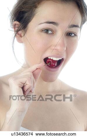 Picture - Woman, Beauty, Smiling, Fruit, Cherry, Red. Fotosearch
