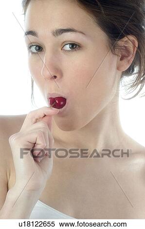 Stock Photography - Woman, Beauty, Smiling, Fruit, Cherry, Red. Fotosearch