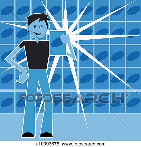 Boy holding a sheet of paper and smiling View Large Illustration Stock Illustration - Boy holding a sheet of paper and smiling. Fotosearch