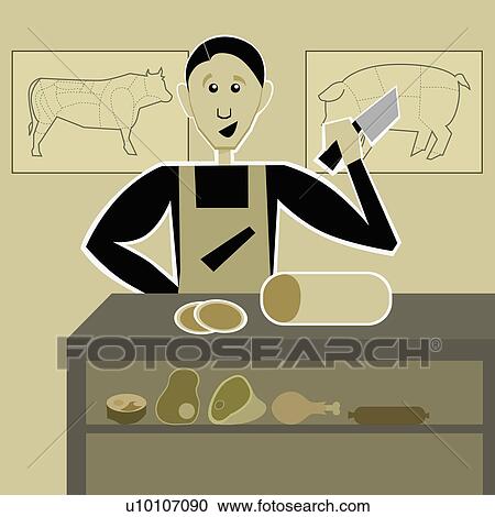 Butcher with a meat cleaver cutting meat in a butcher shop View Large Illustration Clipart - Butcher with a meat cleaver cutting meat in a butcher shop. Fotosearch