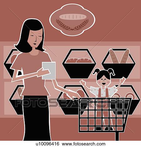 Stock Illustration - Close-up of a young woman holding a shopping list in a supermarket. Fotosearch