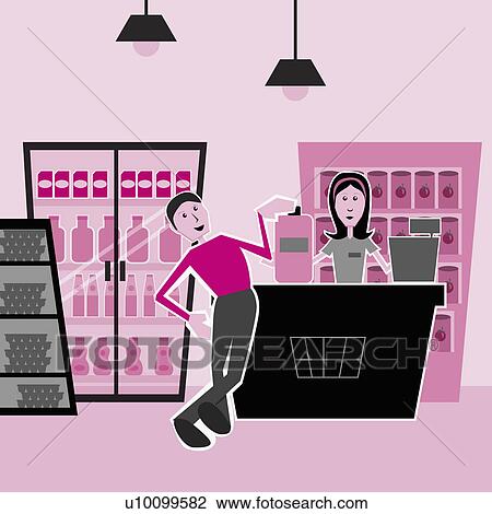 Drawing - Customer and a sales clerk standing at a checkout counter. Fotosearch