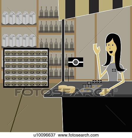 Stock Illustration - Portrait of a sales clerk sitting in a supermarket. Fotosearch