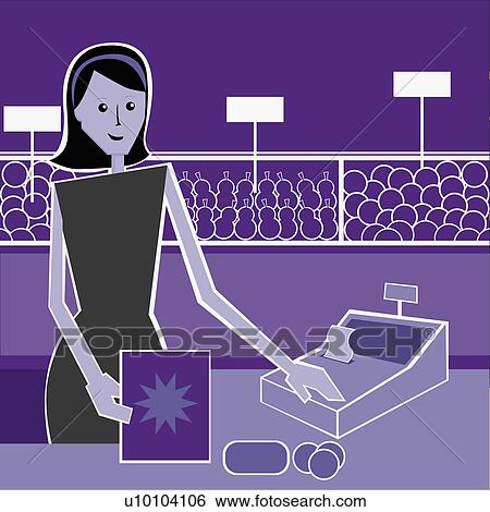 Stock Illustration - Portrait of a sales clerk using a cash register. Fotosearch
