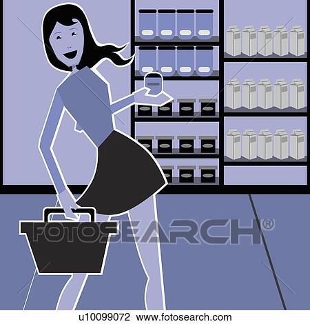 Portrait of a young woman carrying a basket in a supermarket View Large Illustration Drawing - Portrait of a young woman carrying a basket in a supermarket. Fotosearch