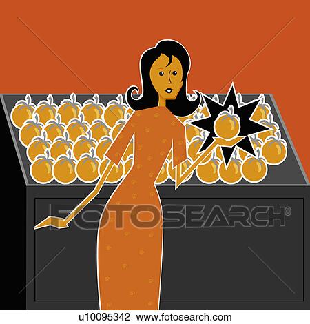 Portrait of a young woman holding a tomato in a supermarket View Large Illustration Drawing - Portrait of a young woman holding a tomato in a supermarket. Fotosearch
