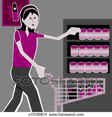 Stock Illustration - Portrait of a young woman holding a shopping cart in a store. Fotosearch