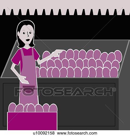 Stock Illustration - Portrait of a young woman selling fruit in a market stall. Fotosearch