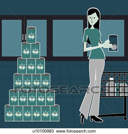 Portrait of a young woman with a shopping cart in a supermarket View Large Illustration Drawing - Portrait of a young woman with a shopping cart in a supermarket. Fotosearch