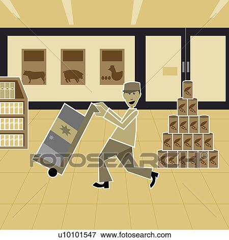 Stock Illustration - Side profile of a young man pushing goods cart in a supermarket. Fotosearch