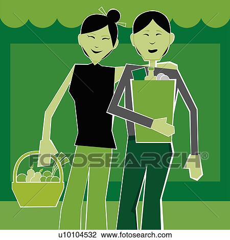 Drawing - Two young women smiling. Fotosearch