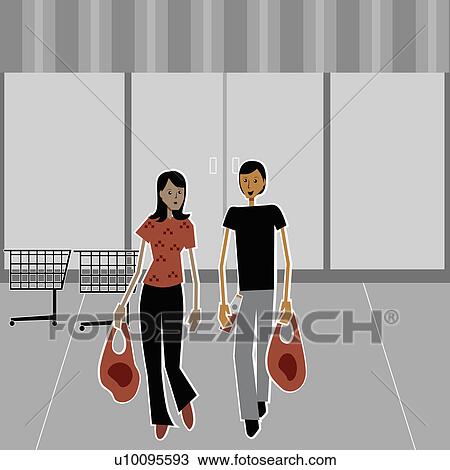 Drawing - Young couple carrying shopping bags. Fotosearch
