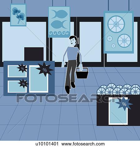 Clip Art - Young man with a shopping basket in his hand walking in a supermarket. Fotosearch