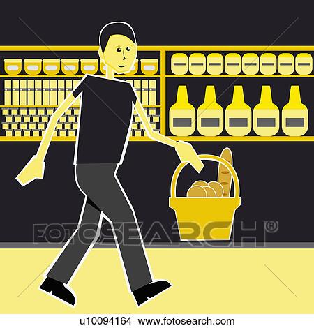 Stock Illustration - Young woman holding a shopping basket and walking in a supermarket. Fotosearch
