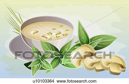 Stock Illustration - Close-up of a bowl of mushroom soup with mushrooms. Fotosearch