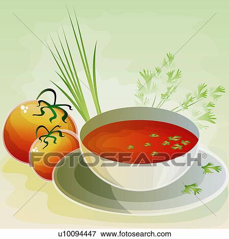 Stock Illustration - Close-up of a bowl of tomato soup with tomatoes. Fotosearch