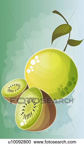 Close-up of a lime with a sliced kiwi fruit View Large Illustration Clipart - Close-up of a lime with a sliced kiwi fruit. Fotosearch