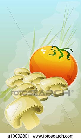 Clip Art - Close-up of a tomato with mushrooms. Fotosearch